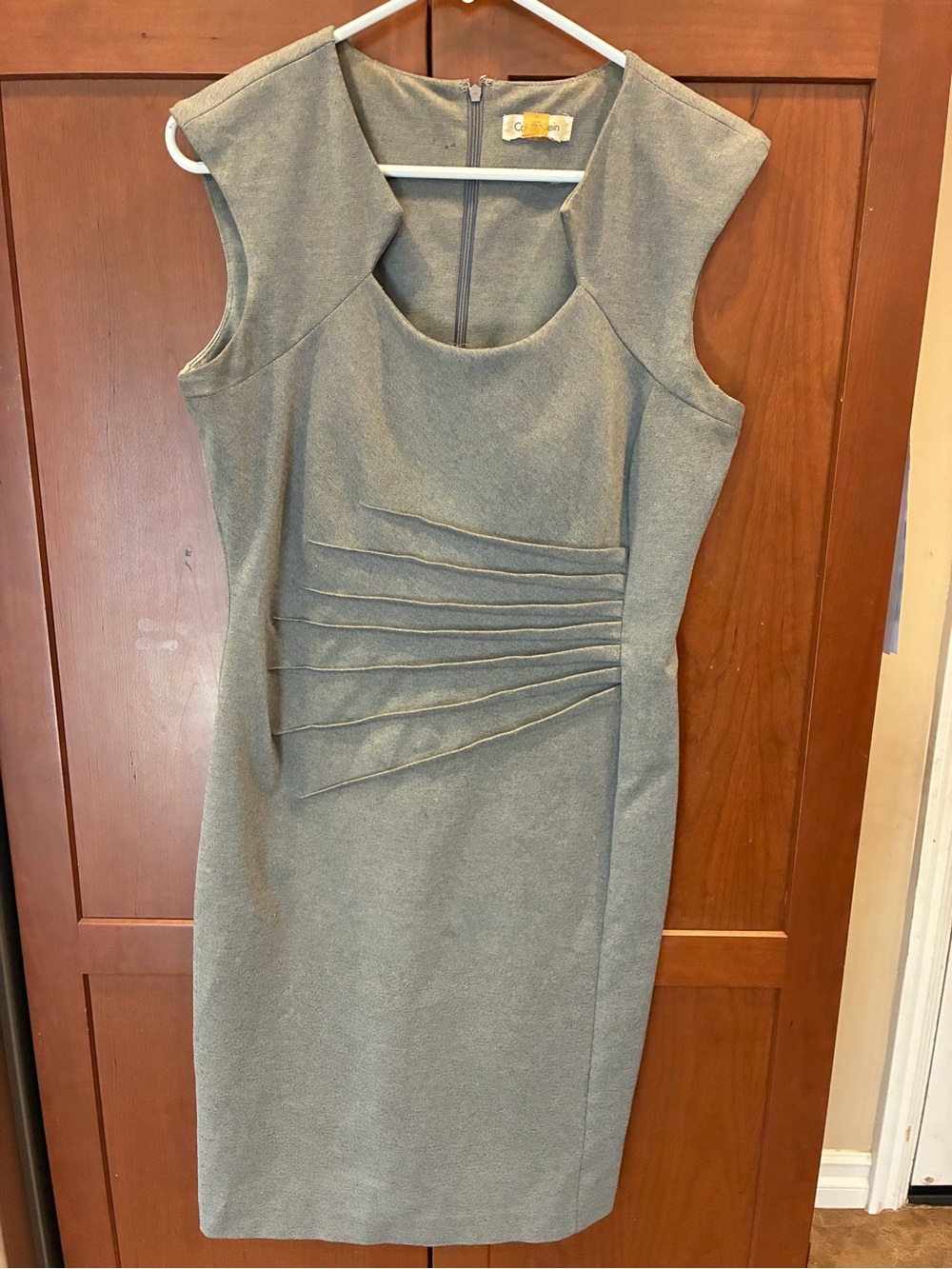 Calvin Klein Olive Gray Sleeveless Asymmetrical Pleat Sheath Dress